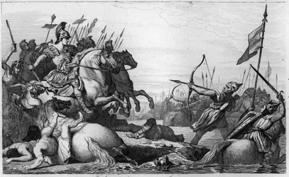 Clodion, der Haarige (ca. 428-47) zieht sich nach seiner Niederlage gegen Aetius über die Brücke zurück - Clodion genannt „Le Chevelu“ (ca. 428-ca. 448), Ahnherr der Merowinger, Anführer der Salischen Franken - Clodion wird von Aetius, General von Valentin