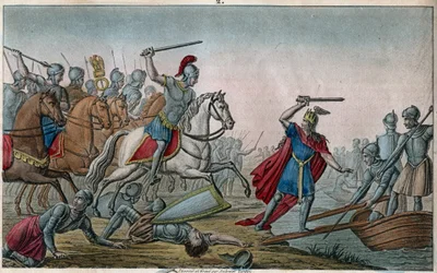 Chlodio, genannt „der Langhaarige“ (428-448), Ahnherr der Merowinger und Anführer der salischen Franken. Chlodio wurde von Aëtius, dem Feldherrn Valentinians III., besiegt, der ihn zwang, den Rhein wieder zu überschreiten. Gezeichnet und gestochen von