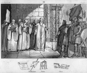 Dagobert 603 bis 639 nimmt das Banner in St. Denis herunter - Dagobert I., König der Franken, ließ um 634 die Oriflamme in der Abtei Saint-Denis niederlegen - Gravur von 1825 in „Histoire de France“ dargestellt durch synoptische Gemälde gewidmet