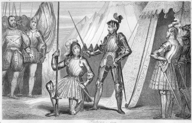 Franz I. von Frankreich bittet den Chevalier Bayard nach dem Sieg in der Schlacht von Marignano, Italien, zum Ritter geschlagen zu werden