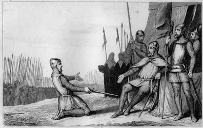 Heinrich I. (1008-60) vergibt seinem Bruder Robert-Le-Vieux im Jahr 1032 - Heinrich I. (1008-1060), König von Frankreich, vergibt seinem Bruder Robert le Vieux, der sich gegen ihn erhoben hat, und überlässt ihm das Herzogtum Burgund im Jahr 1032 - Gravur v