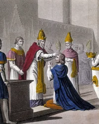 Ludwig II. wurde ein zweites Mal auf dem Konzil von Troyes von Johannes VIII. im Jahr 879 geweiht (Detail von 33595). Entworfen und graviert von Ambroise Tardieu im Jahr 1825