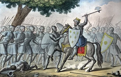 Ludwig VI, bekannt als „der Dicke“ (1081 - 1137), in der Schlacht von Brenneville, versucht 1119, die Normandie von König Heinrich I zu entfernen - Entworfen und graviert von Ambroise Tardieu, 1825