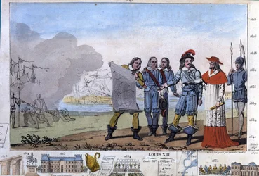 Ludwig XIII. (1601-1643) und Kardinal Richelieu bei der Belagerung von La Rochelle, dem Waffenplatz der Protestanten - Entworfen und graviert von Ambroise Tardieu im Jahr 1825.