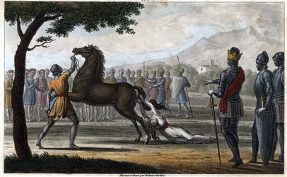 Der Tod der Königin Brunhilda von Austrasien, einer westgotischen Prinzessin, die mit König Sigibert I. von Austrasien verheiratet war - Der von Chlothar II. angeordnete Tod Brunehauts (oder Brunhildes) (613). Gezeichnet und gestochen von Ambroise Tardieu