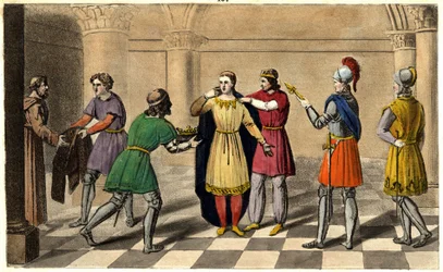 Thierry III wird aus der Abtei Saint Denis geholt, um den Thron zu besteigen. Entworfen und graviert von Ambroise Tardieu im Jahr 1825