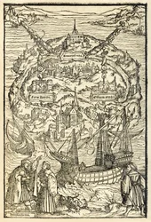 Karte der Neuen Insel Utopia aus einer Ausgabe von 1518 von Utopia von Sir Thomas More (1478-1535), erstmals veröffentlicht 1516. Holzschnitt von Ambrosius Holbein (ca. 1494-ca. 1519)