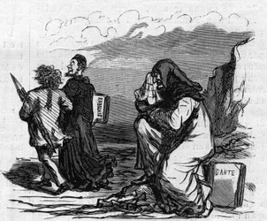 Der arme Dante beginnt zu weinen, als er Gustave Doré Arm in Arm mit diesem kleinen Rabelais-Mann sieht. Karikatur von Cham. Gravur in „Le Monde Illustré“ Nr. 821 vom 4. Januar