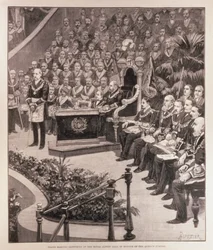 Große Freimaurerversammlung in der Royal Albert Hall zu Ehren des Thronjubiläums der Königin, aus „The Illustrated London News“, 18. Juni 1887