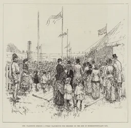 Mrs. Gladstone eröffnet einen öffentlichen Spielplatz für Kinder auf dem Gelände des Horsemonger-Lane-Gefängnisses