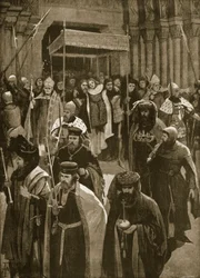 Der Auszug nach der Krönung Richards II., Vorabend des heiligen Kenelm, 16. Juli 1377, aus „The Illustrated London News“, 1902