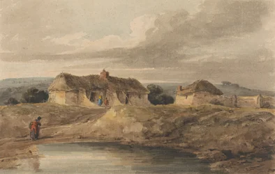 Landschaft mit strohgedeckten Gebäuden
