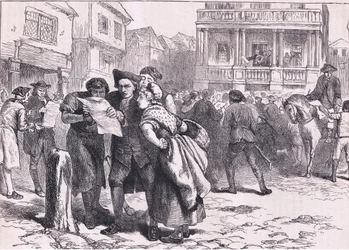 Bostoner lesen das Stempelgesetz, Illustration aus Cassells Geschichte der Vereinigten Staaten, veröffentlicht von Cassell, Petter & Galpin, ca. 1900 (Litho)