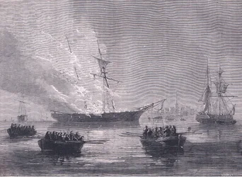 Die Verbrennung von Gaspe, Illustration aus Cassells Geschichte der Vereinigten Staaten, veröffentlicht von Cassell, Petter & Galpin, um 1900 (Lithographie)