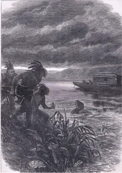 Händler am Ohio von Wilden angegriffen, Illustration aus Cassells Geschichte der Vereinigten Staaten, veröffentlicht von Cassell, Petter & Galpin, um 1900 (Lithographie)