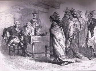 Besuch von Pontiac und den Indianern bei Major Gladwin 1763, Illustration aus Cassells Geschichte der Vereinigten Staaten, veröffentlicht von Cassell, Petter & Galpin, ca. 1900