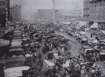 Haymarket Square voller Pferdekutschen, Chicago