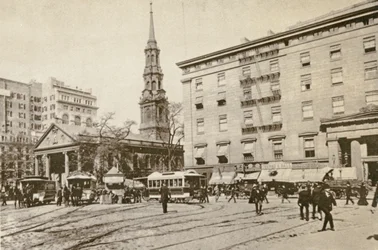 St. Pauls Kapelle und das Astor House, nahe City Hall Park, New York City, 1892