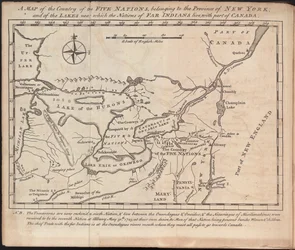 Eine Karte des Landes der Fünf Nationen, das zur Provinz New York gehört, und der Seen, in deren Nähe die Nationen der fernen Indianer leben, mit einem Teil Kanadas, von Cadwallader Colden