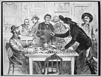 Ein Spieler beschuldigt einen anderen Spieler des Betrugs, ca. 1880 (Gravur)