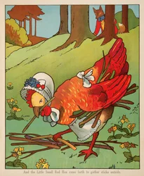 "Und das kleine rote Huhn kam heraus, um draußen Stöcke zu sammeln", aus Peter Rabbit Little Red Hen und Owl and Pussy Cat, veröffentlicht von Charles E. Graham & Co., ca. 1900 (Chromolithographie)