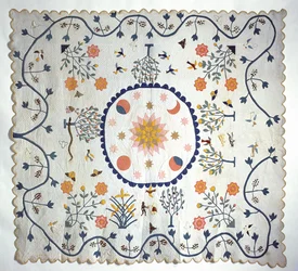 Applikationsquilt mit Sonne, Mond, Sternen und dem Garten Eden, aus Arkansas, ca. 1850-80 (Baumwolle)