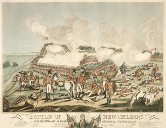 Schlacht von New Orleans und Tod von Generalmajor Packenham am 8. Januar 1815, veröffentlicht 1815 (kolorierte Gravur)