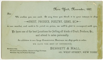 Bennett & Hall Handelskarte, verso, 1882