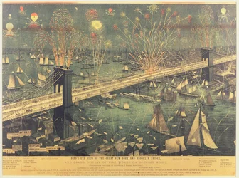 Vogelperspektive auf die Große New Yorker und Brooklyn-Brücke und das große Feuerwerk zur Eröffnungsnacht 1883