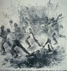 Schwarze Truppen der Unionsarmee bringen erbeutete Kanonen während der Belagerung von Petersburg (1864-65)