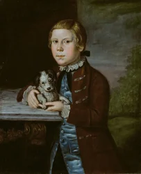 Junge der Familie Hallett mit Hund