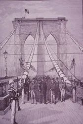 Brooklyn Bridge, Präsident Arthur bei der Eröffnungszeremonie, 24. Mai 1883 (Stich)