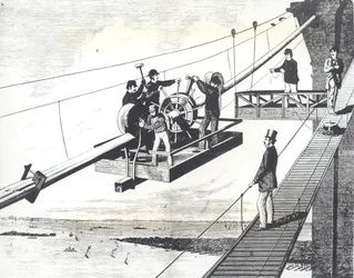 Brooklyn Bridge im Bau 1876, Flechten der Hängekabel (Gravur)