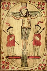Christus am Kreuz und zwei Figuren