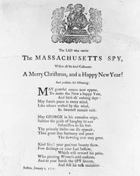 Weihnachtsgrüße vom Jungen, der die Massachusetts Spy trägt, gedruckt in der Massachusetts Spy, 1. Januar 1771