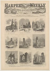 Titelblatt von Harpers Weekly mit Szenen der zerstörten Kirchen von Chicago, 11. November 1871