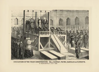 Hinrichtung der vier Verschwörer: Mrs. Surrat, Payne, Harold & Atzerith in Washington DC, 7. Juli 1865, veröffentlicht 1865