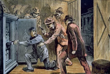 Frank und Jesse James Gang überfallen den Expresswagen eines Zuges im Jahr 1879