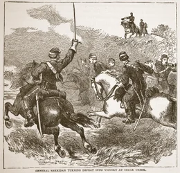 General Sheridan verwandelt Niederlage in Sieg bei Cedar Creek, aus einem Buch veröffentlicht 1896