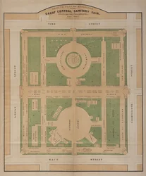 Grundriss der Gebäude der Great Central Sanitary Fair, Logan Square, Juni 1864 (Farblithographie)