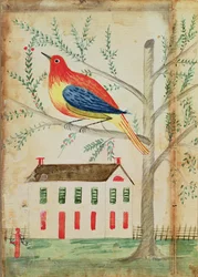 Haus und Vogel in einem Baum