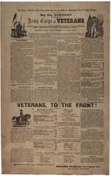 Illustriertes Rekrutierungsplakat aus Philadelphia für das Erste Armeekorps der Veteranen von Generalmajor Hancock, einschließlich eines Mannes und einer Frau der Union, Februar 1865