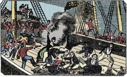 Der Tod des Piraten-Gentleman Jean Lafitte (1780-1826), Gravur aus „The pirate own book“ 1837