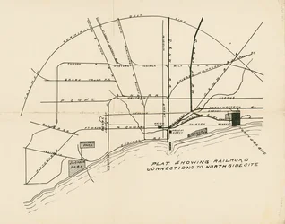 Karte mit Eisenbahnverbindungen zum geplanten Standort der Weltausstellung am Nordufer