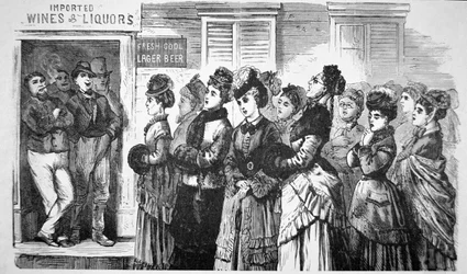 Mitglieder der National Christian Temperance Union singen Hymnen und beten für verlorene Seelen in einem Saloon