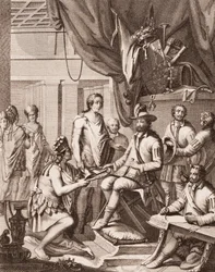 Montezuma übergibt sein Reich an den König von Spanien, gibt ihm Tribut und gelobt Gehorsam, aus Antonio de Solis y Rivadeneira Solis Geschichte der Eroberung Mexikos, graviert von Ximeno