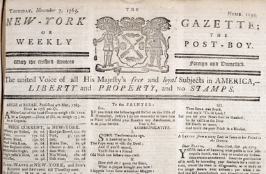 Kopfzeile der New York Gazette, die ihre Opposition zu den Stempeln erklärt, gedruckt am 7. November 1765