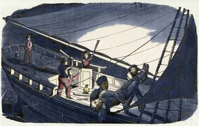 Piraten Charles Gibbs (frühes 19. Jahrhundert) tötet Kapitän Thornby und wirft ihn ins Meer. Gravur aus „Das Piratenbuch“ 1837.