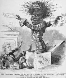 Politische Karikatur, die Präsident Andrew Jackson (1767-1845) zeigt, erschreckt von der Aussicht auf das Wahlrecht Schwarzer Menschen in Amerika