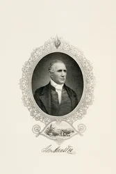 Porträt von Sam Houston mit Stadtansicht, ca. 1855-1860